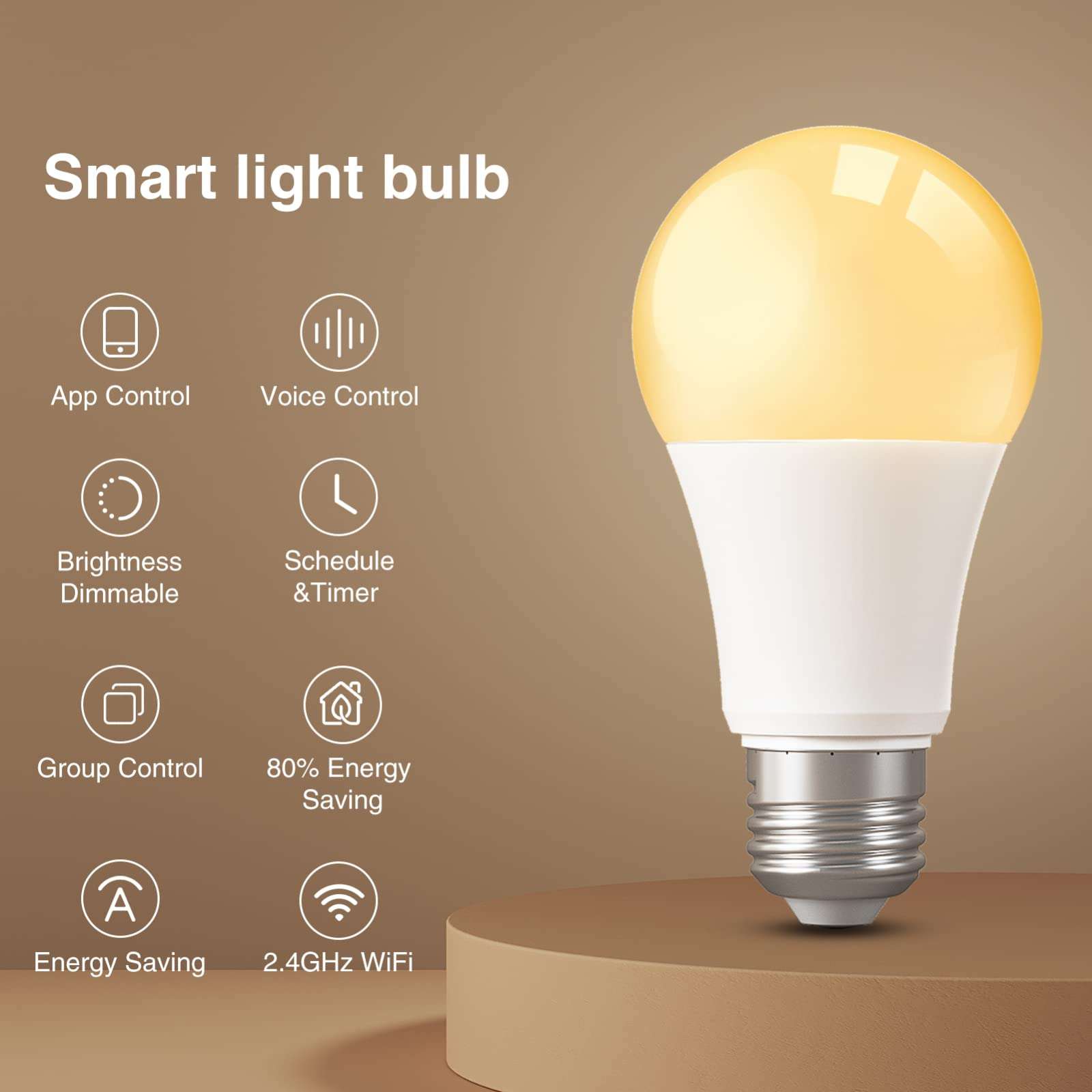GHome Smart LB1 Smart Light Bulb, Smart Bulb Compatible with Alexa and Google Home, E26 A19 Dimmable 2700K LED WiFi Light Bulbs, 800 Lumens Warm White Bulbs, No hub Required, Only 2.4GHz, 4 Packs 2