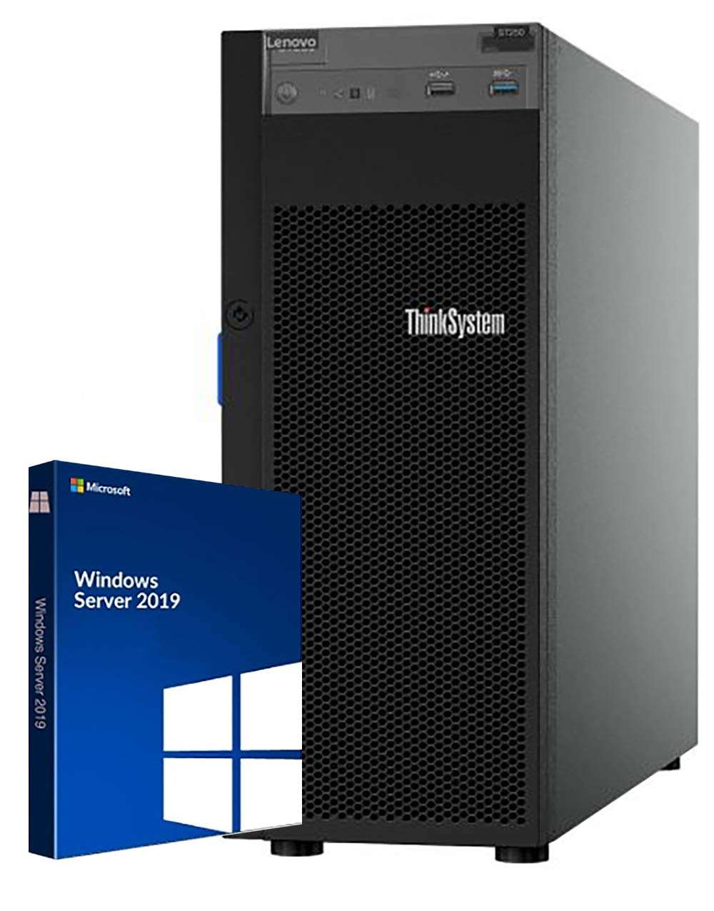 Lenovo ThinkSystem ST250 Tower Server Bundle Including Windows Server 2019, Intel Xeon 3.3GHz CPU, 64GB DDR4 2666MHz RAM, 16TB HDD Storage, JBOD RAID 1