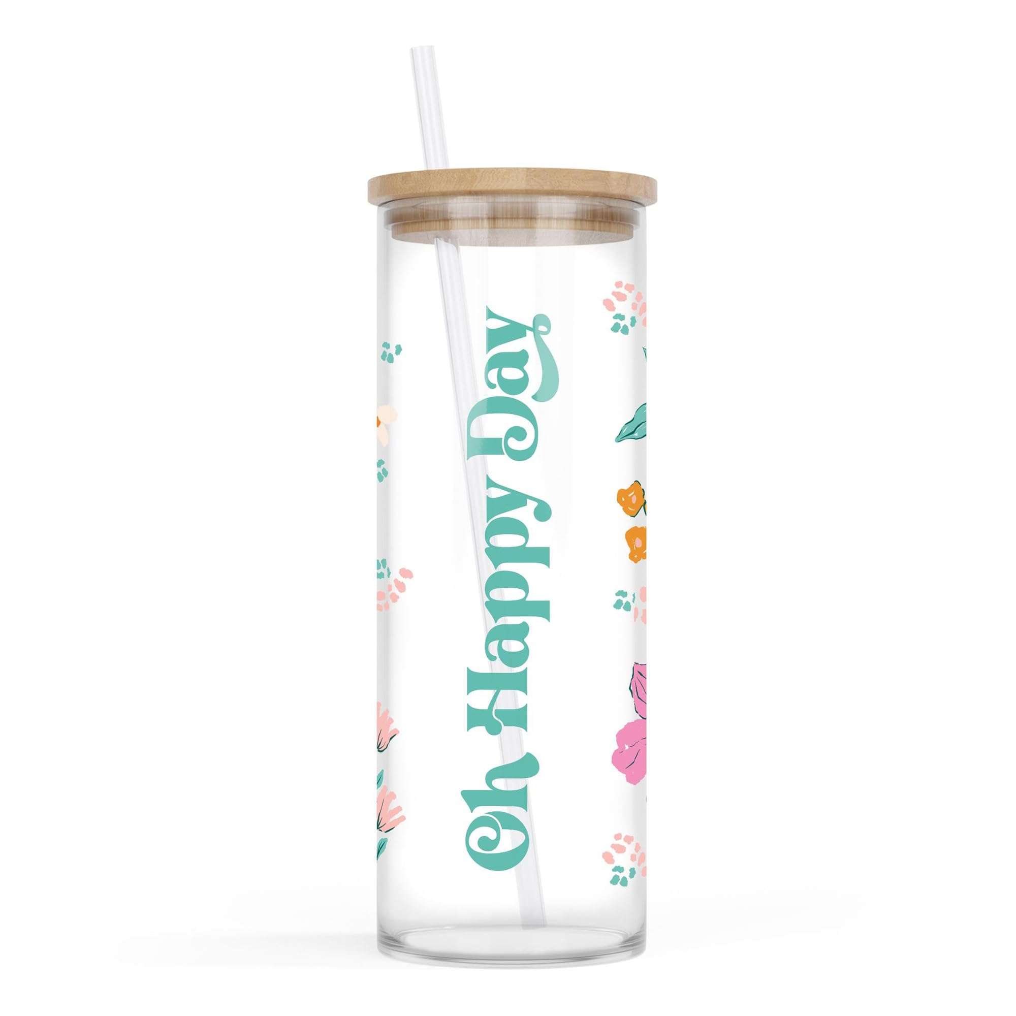 Clairmont & Co Cold Brew Travel Tumbler, Cup With Lid and Straw, 24 Ounce Wood and Glass, Oh Happy Day 1