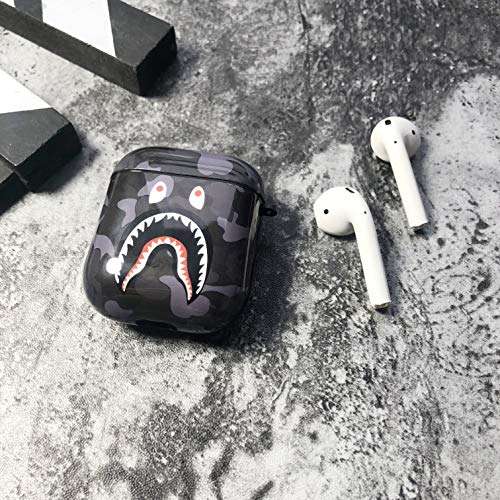 Shark Teeth Camo Softshell Silicone AirPods IMD Case for 1st & 2nd Gen AirPods Charging & Wireless Charging Case Protective Cover and Skin Supreme Gift Bape Boy Girl [NO Button Cutout] (Dark Gray) 5