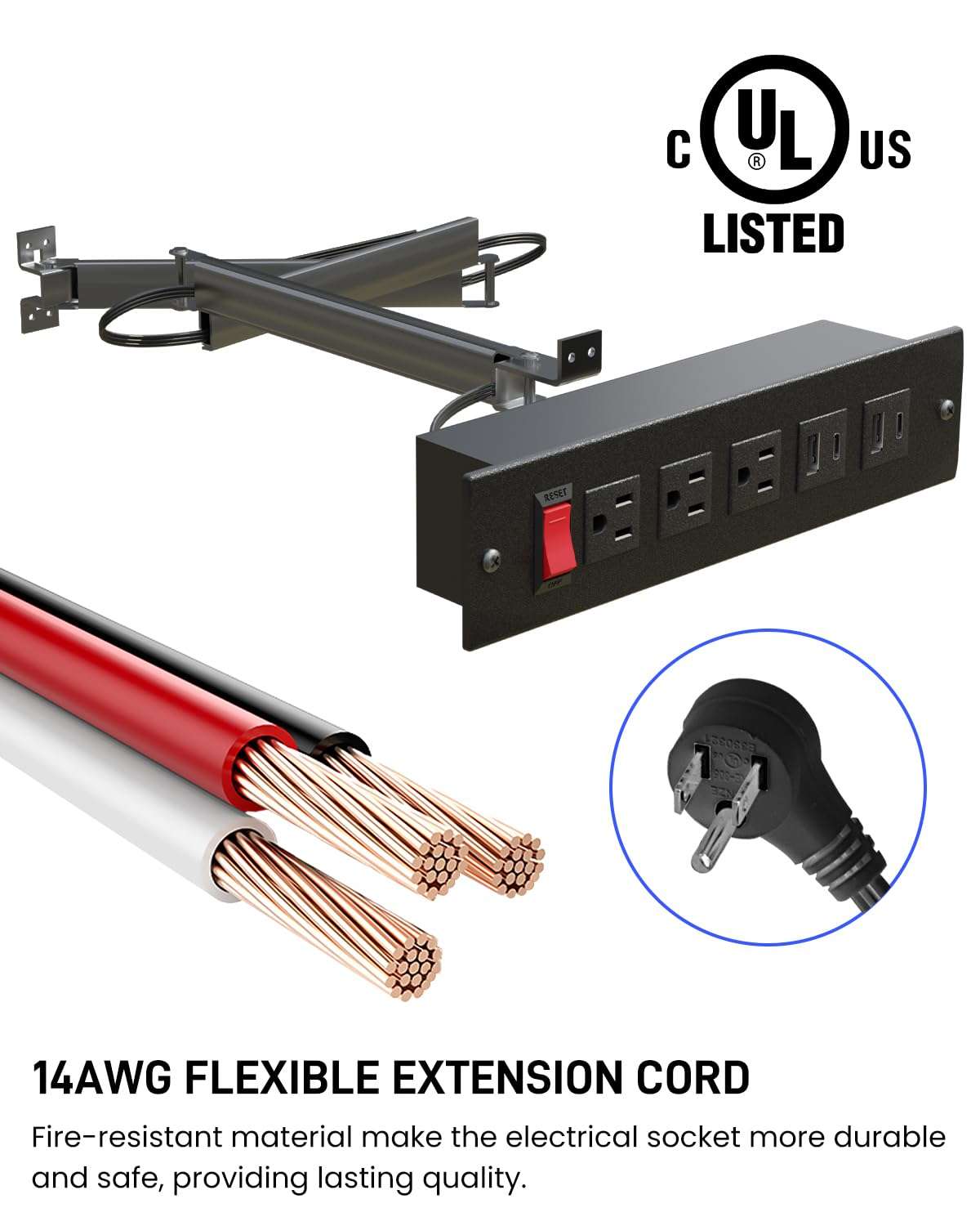 JACEPFY Drawer Outlet Kit with Typec PD20w Fast Charger Station, TR Outlet and 14AWG Power Cable Arm for Kitchen Bathroom Cabinets (Black) 6