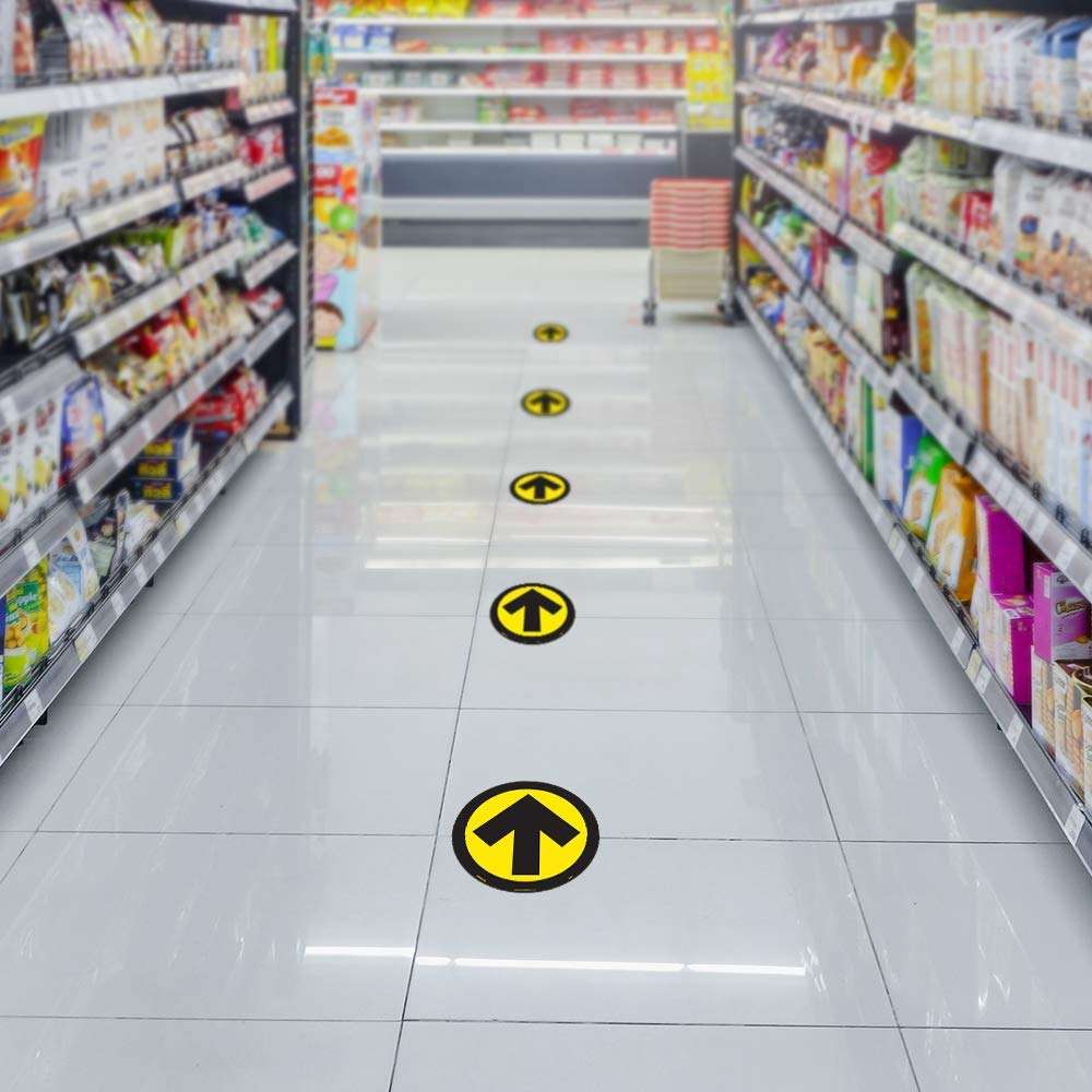 NMC WFS84YL10 Arrow Graphic, Yellow On Black, Walk On Floor Sign, 8 In Diameter,Pressure Sensitive Vinyl Non-Slip, Pack Of 10, Social Distancing 5