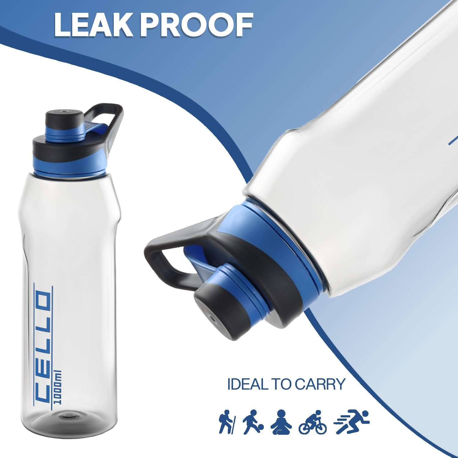 CELLO Fitbe Flip Cap Water Bottle For Daily Use 1000 ml, Black Blue | BPA Free, Reusable & Unbreakable Leakproof Lightweight Easy to Carry with Handle PET Water Bottle For Gym Office Indoor & Outdoor 4