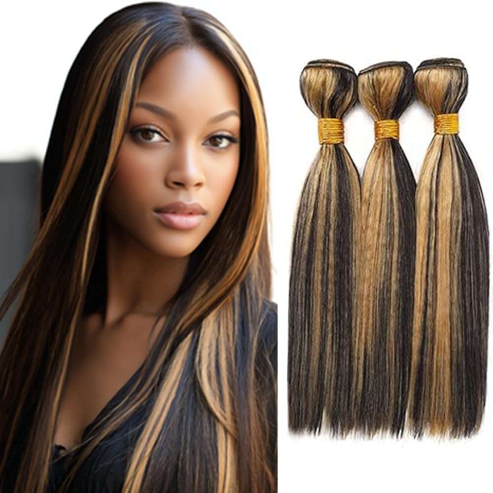 BilltiiWW Highlight P1B27 Straight Bundles #1B Mixed With #27 Straight Human Hair Bundles Brazilian Natural Blonde Highlight Human Hair for Black Women 16 18 20 Inch 1