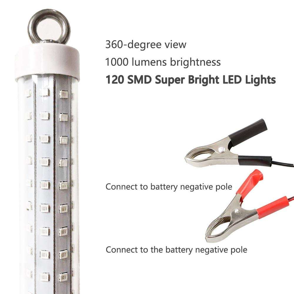 Fishing Light 12V 120LED 1000 lumens Lure Bait Finder 10.5W Night Fishing Finder Lamp Light LED Submersible Deep Drop Underwater Light with Battery Clip and Power Plug 6M Power Cord 2