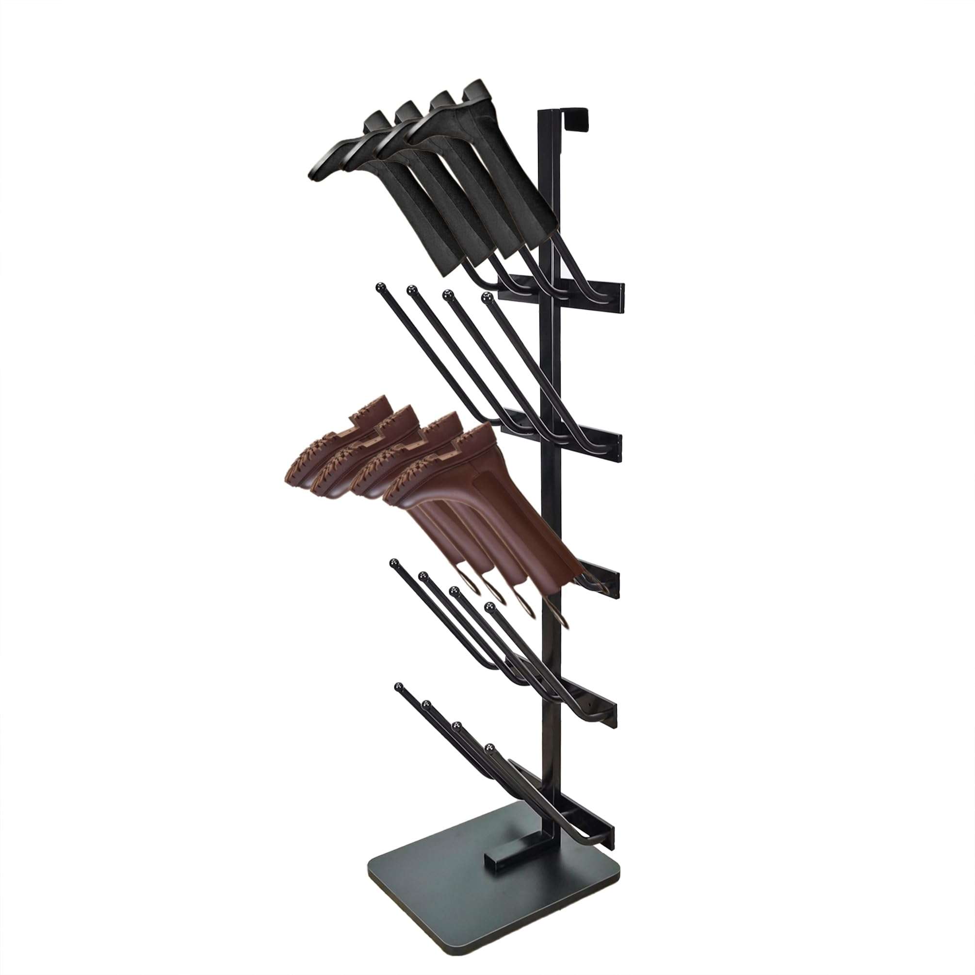12.8X16X55.7" 10 Pairs Boots Shoes Rack 5 Tiers Boots Organizer Black, Floor Standing, or Use as 5 Wallmount Holders, or Hang Over The Door, Easy Assembly Video in Description 10159-NF 1