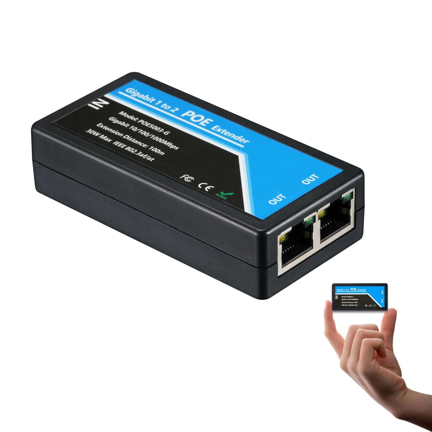 Revotech Gigabit 2 Port POE Extender, IEEE 802.3af/at PoE+ Standard, 10,100,1000Mbps, POE Repeater 100 Meters(328 ft), Extender 1 in 2 Out, Power Supply for PoE Camera/PoE Device (POE5003-G) 1