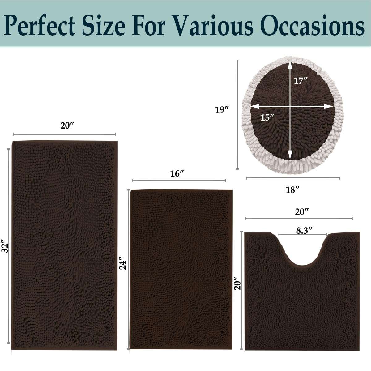 Bathroom Rugs Sets 4 Piece, Extra Soft Absorbent Chenille Bath Rugs, Non Slip Rubber Backing Machine Washable Quick Dry Bath Mats for Bathroom Floor, Tub, Shower, Home Decor Accessories, Brown 2