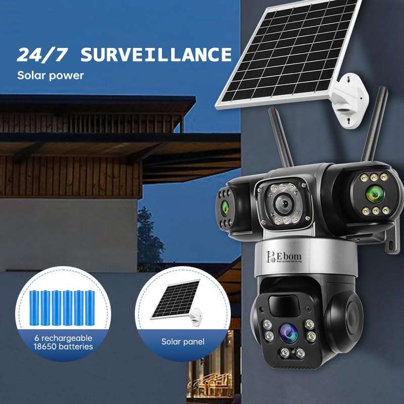 E bom Solar 4G SIM Security Camera for Outdoor Use | 3-Lens CCTV with 3+3+3MP Resolution | 360° Rotating Main Lens & 180° Dual Lens with PIR Motion | Night Vision | 2-Way Talk | Waterproof 5