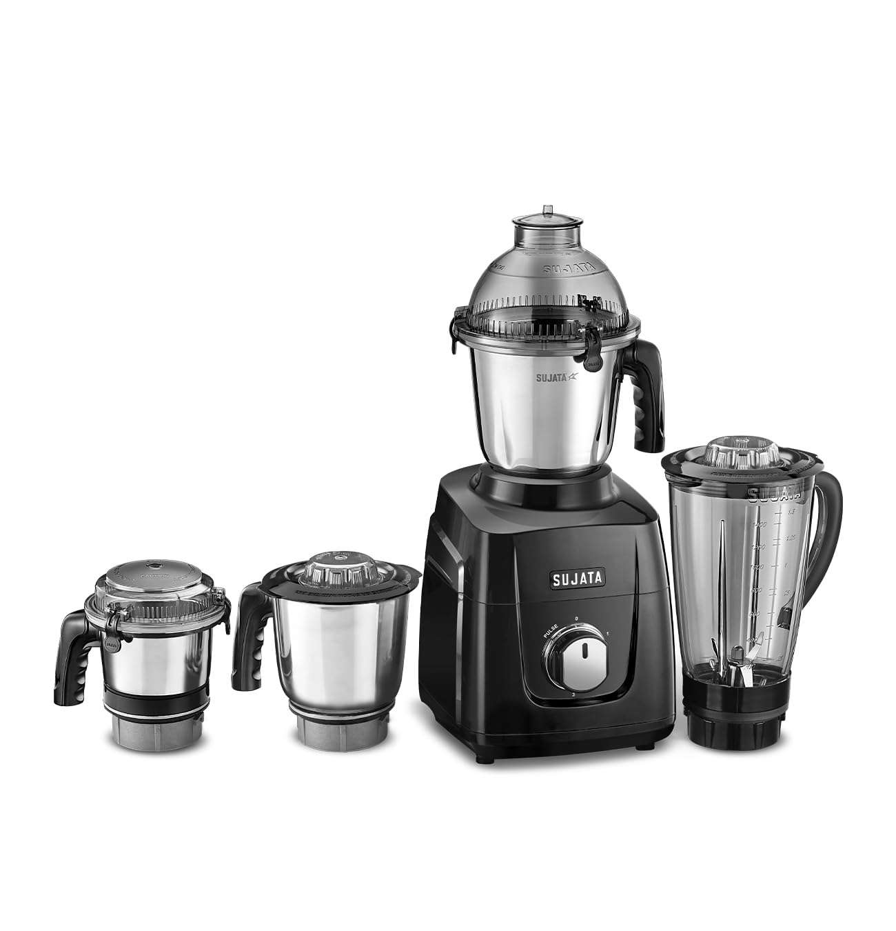 Sujata MG03 Mixer Grinder|1000 Watts Double Ball Bearing Motor|24000 RPM|Non-Stop 90 Mins Running|4 Jars including 1750ml Blender with Coconut Milk Extractor, 1500ml, 1000ml, 500ml Jar| (Black) 1