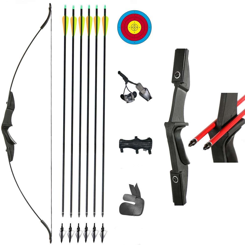 TOPARCHERY Archery 57" Takedown Youth Recurve Bow and Arrow Set Long Bow Kit with 6pcs Fiberglass Arrows for Beginner Teenagers Right Left Hand Black - Draw Weight 20lbs- 40lbs (40) 1