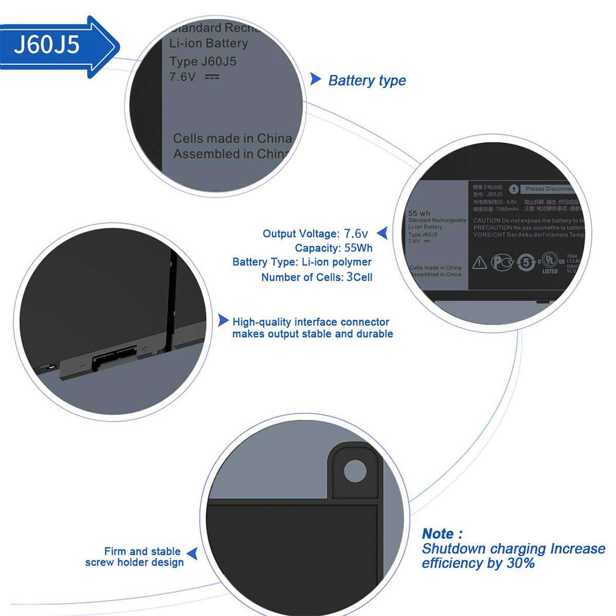 CREATESTAR J60J5 Laptop Battery for Dell Latitude E7270 E7470 Series Notebook MC34Y 0MC34Y R1V85 451-BBSX 451-BBSY 451-BBSU 242WD PDNM2. 7080mAh 2