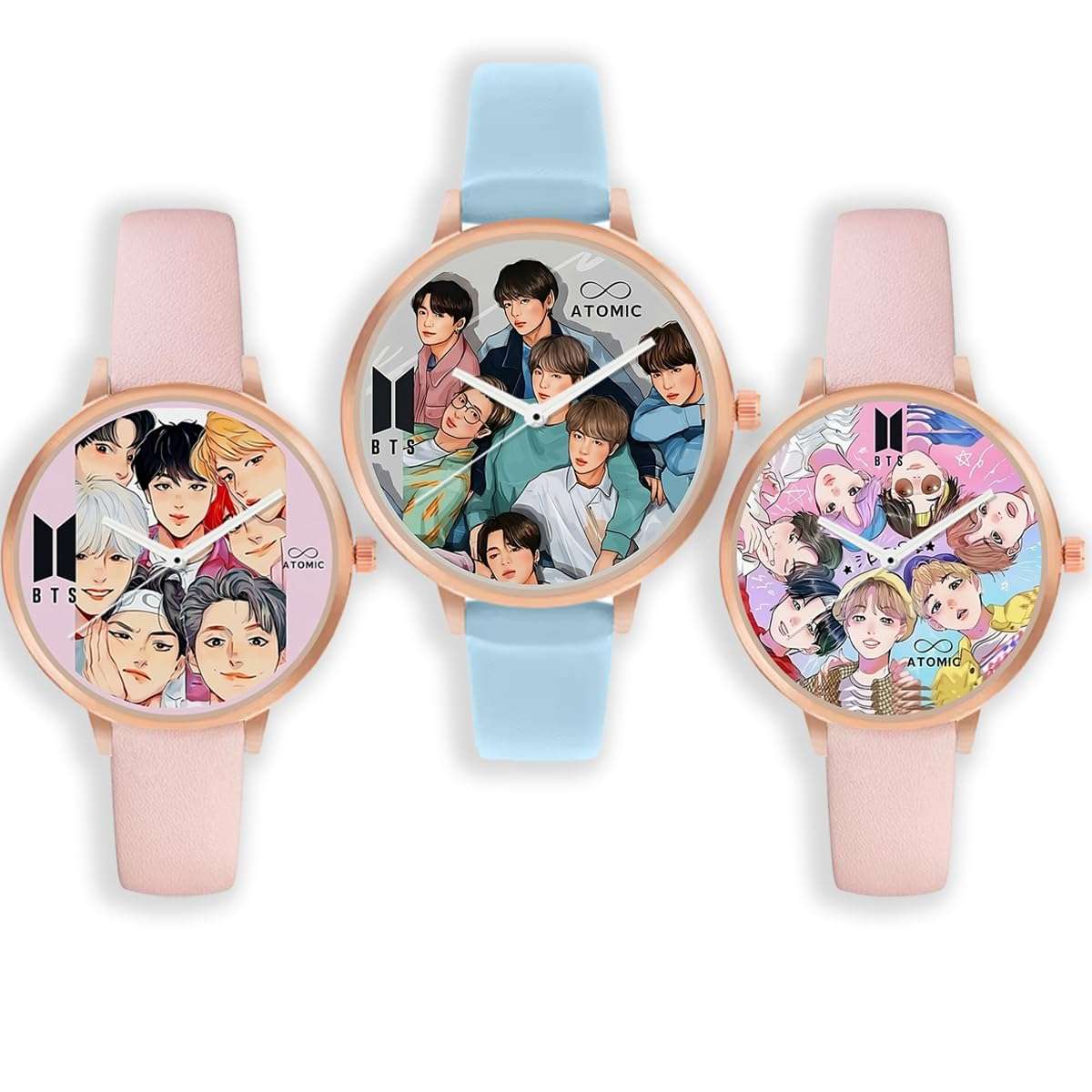 Atomic BTS Rosegold Analog Watches (Pack of 3) - for Girls Classy, Stylish, Elegant Trending BTS Pink & Blue Srap Watch for Girls 1