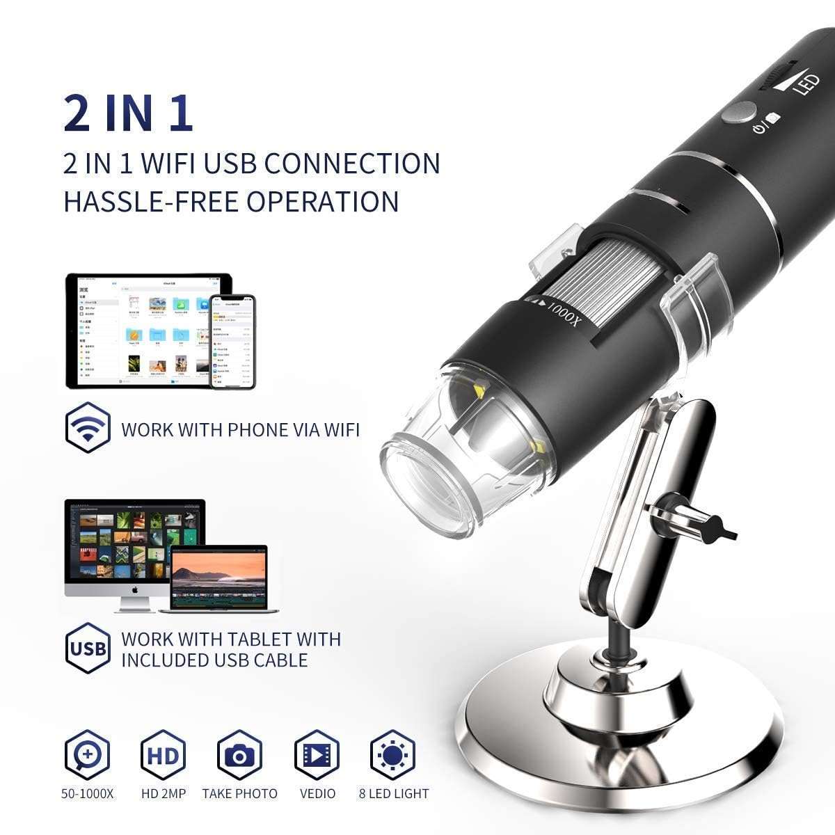 XIKKART WiFi Digital Microscope,50X-1000X Handheld Digital Zoom Microscope Endoscope Magnifier HD 2MP 8 LED for Android and iOS Smartphone, iPhone, Samsung, Tablet, Windows PC (Black) 5