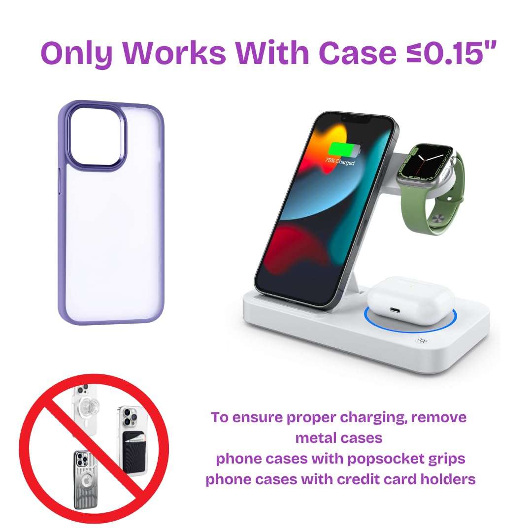 Wireless Charging Station for Apple Products&Kindle: 4-in-1 Charger for iPhone 16/15/14/13/12/11 Pro Max/X/SE, Apple Watch Series 2-10/SE/Ultra, AirPods Pro 4/3/2 (Adapter Not Included) (White) 6