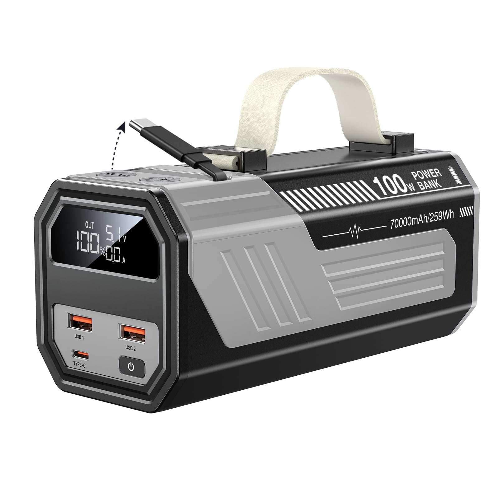 CUZAR Laptop Power Bank,70,000mAh Portable Charger with 100W USB-C Ports, Built-in and Retractable Cables,100W Input, Fast Charging for MacBook Pro/Air/iPhone 16/iPad Pro/Galaxy S25 Ultra 1