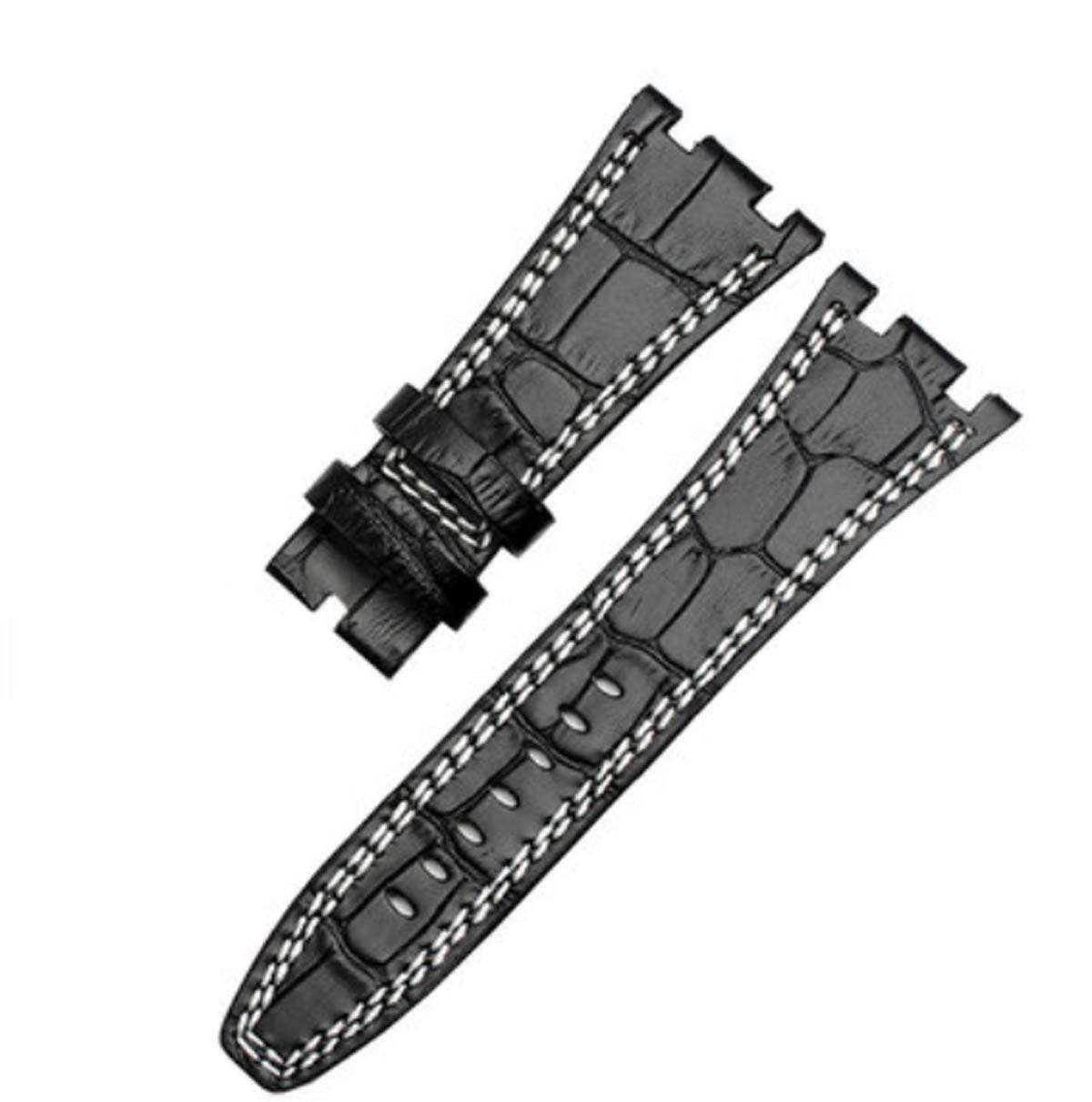 Black 28mm AP Leather Watch Band Strap Fits for Audemars Piguet Royal Oak Offshore (Black (White line)) 1