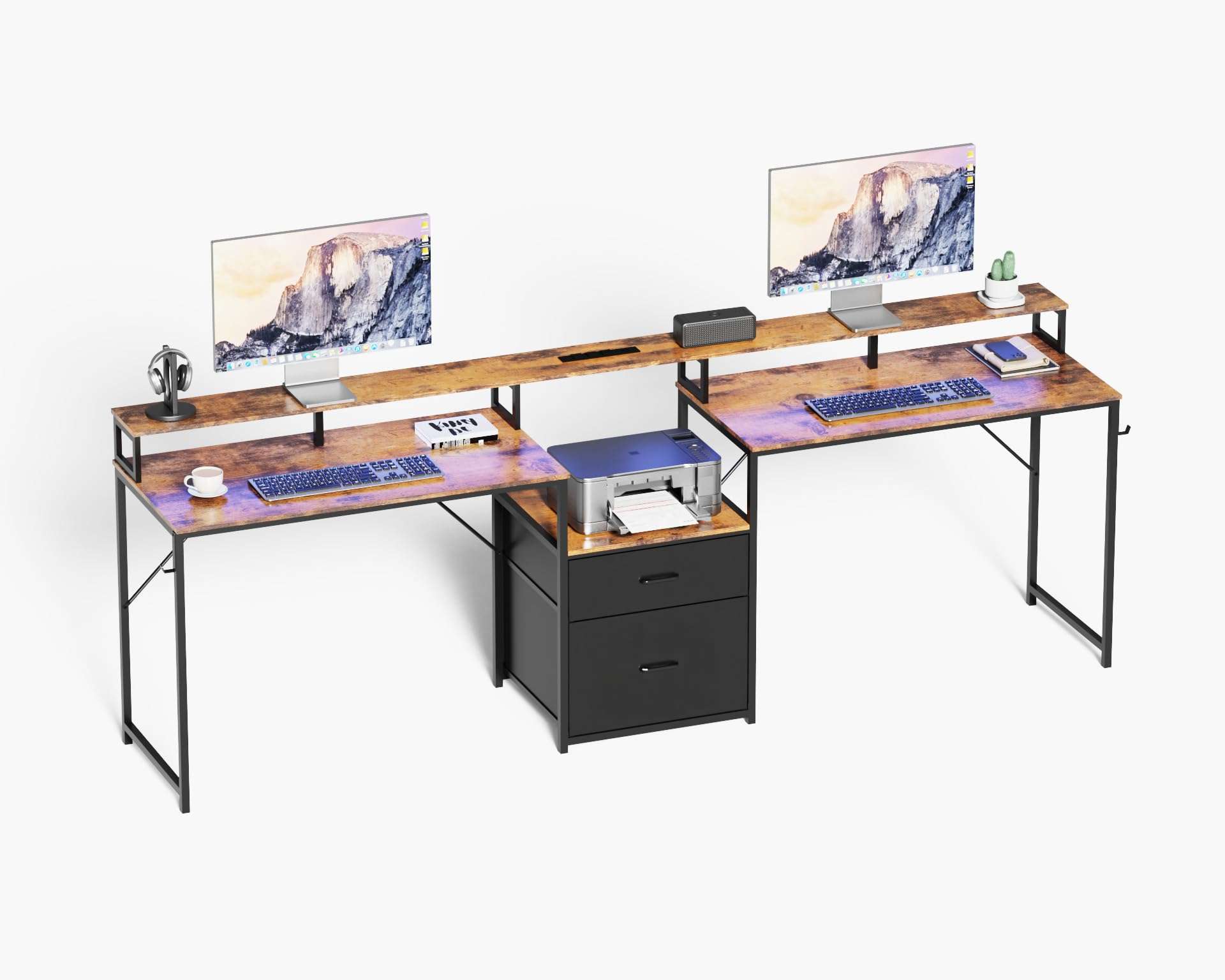 Coleshome 98 Inch 2 Person Gaming Computer Desk with Fabric Drawer & File Cabinet, Two Person Long Writing Home Office Desk with Power Outlet & LED Light & Monitor Stand, Storage Shelves, Vintage 1