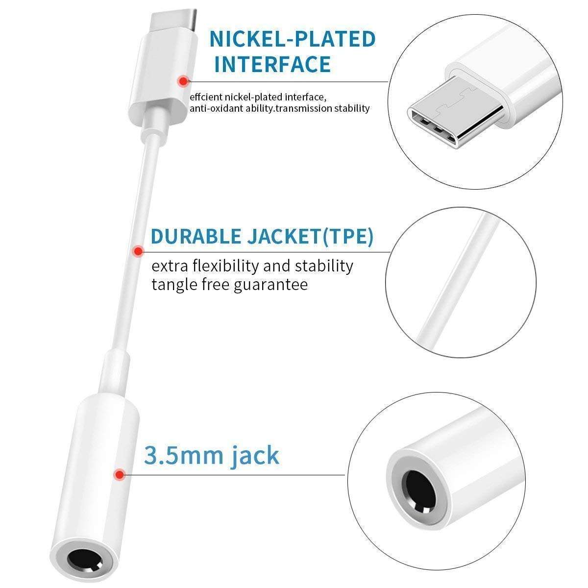 (Pack 2) Type-C to 3.5 MM Jack for vivo iQOO Neo 6 Type-C to 3.5 MM Audio Jack Adapter Converter for CDLA Type, Earphone Hands-Free Noise Cancelling Connector Splitter (Jeck, 1C-AA, White) 4