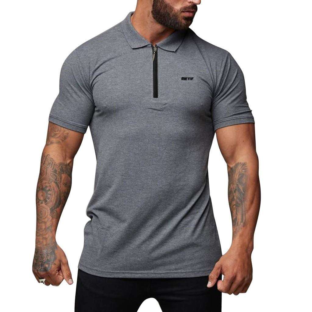 Men Shirts Fashion Short Sleeve Slim Fit Sports Bodybuilding Fitness Muscle Cotton Polo T Shirts Tops (M, Gray) 1