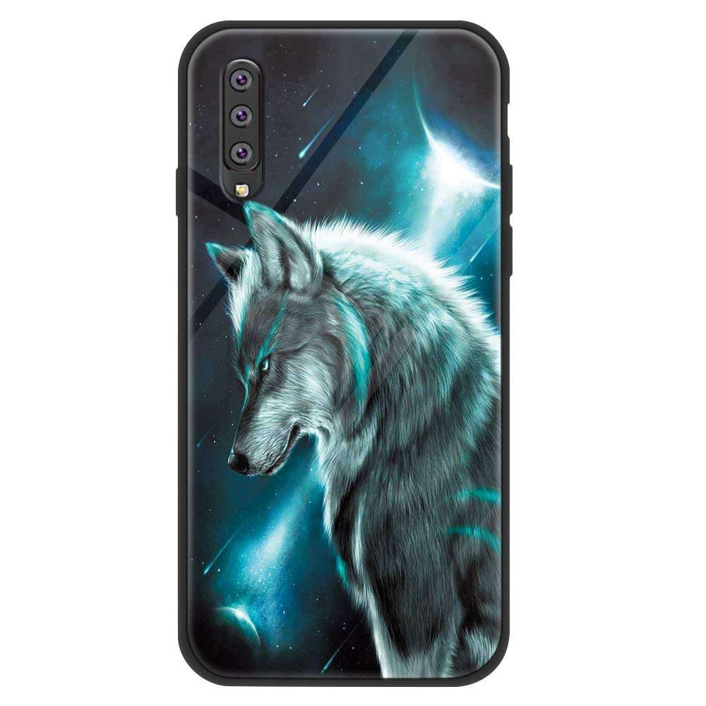 Eouine Samsung Galaxy A70 Case, [Anti-Scratch] Shockproof Patterned Tempered Glass Back Cover Case with Soft Silicone Bumper for Samsung Galaxy A70 Smartphone (Wolf 2) 1