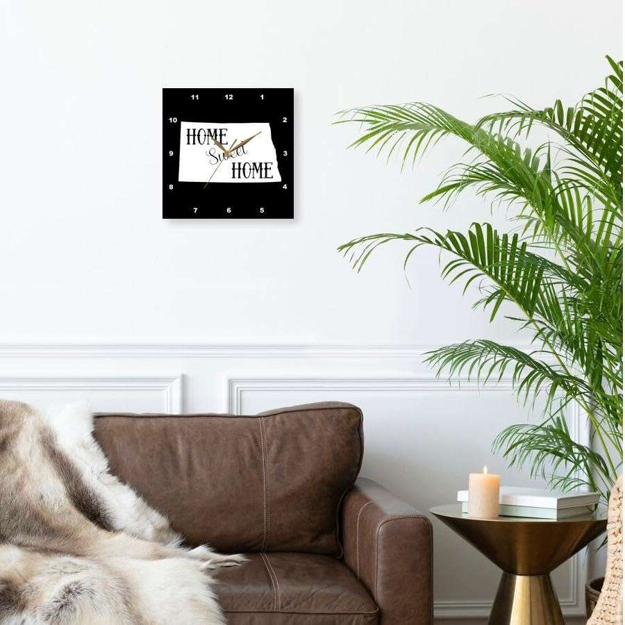 3dRose Wall Clock Silent - 10 inch - Home Sweet Home Inside The State of North Dakota. Black Background. - Stamp City - Typography 2