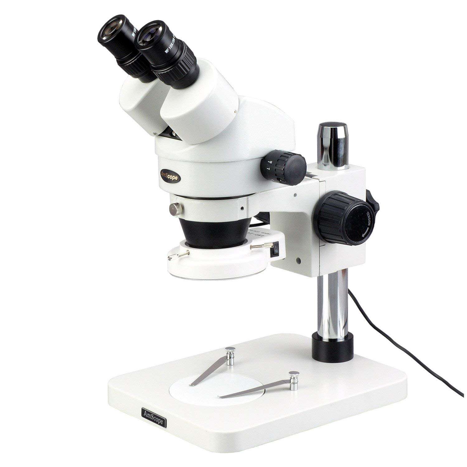 AmScope SM-1BSZZ-144S Professional Binocular Stereo Zoom Microscope, WH10x and WH20x Eyepieces, 3.5x-180x Magnification, 0.7X-4.5X Zoom Objective, 144-Bulb LED Ring Light, Pillar Stand, 110V-240V, Includes 0.5x and 2.0x Barlow Lenses 1