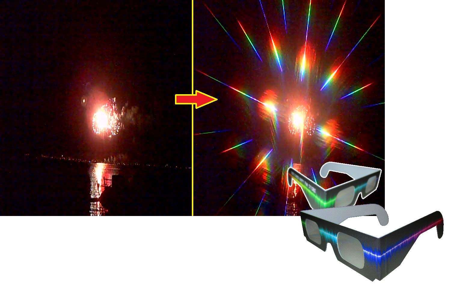 Fireworks Diffraction Glasses - 25 Rainbow Hearts (Plain White Frames) plus 25 Starburst Effect (Rave Waves Frames) - 50 Glasses Total for Fireworks, Holiday Lights, Wedding Receptions, Rave Events 4