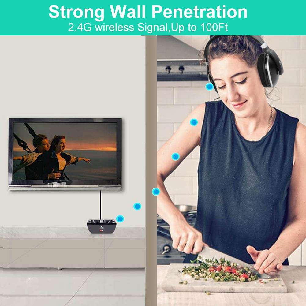 MONODEAL Wireless TV Headphones, Over Ear Headsets for TV Watching with Charging Dock, 2.4GHz RF Transmitter, 100ft Wireless Range and Rechargeable 20 Hour Battery, Black 5