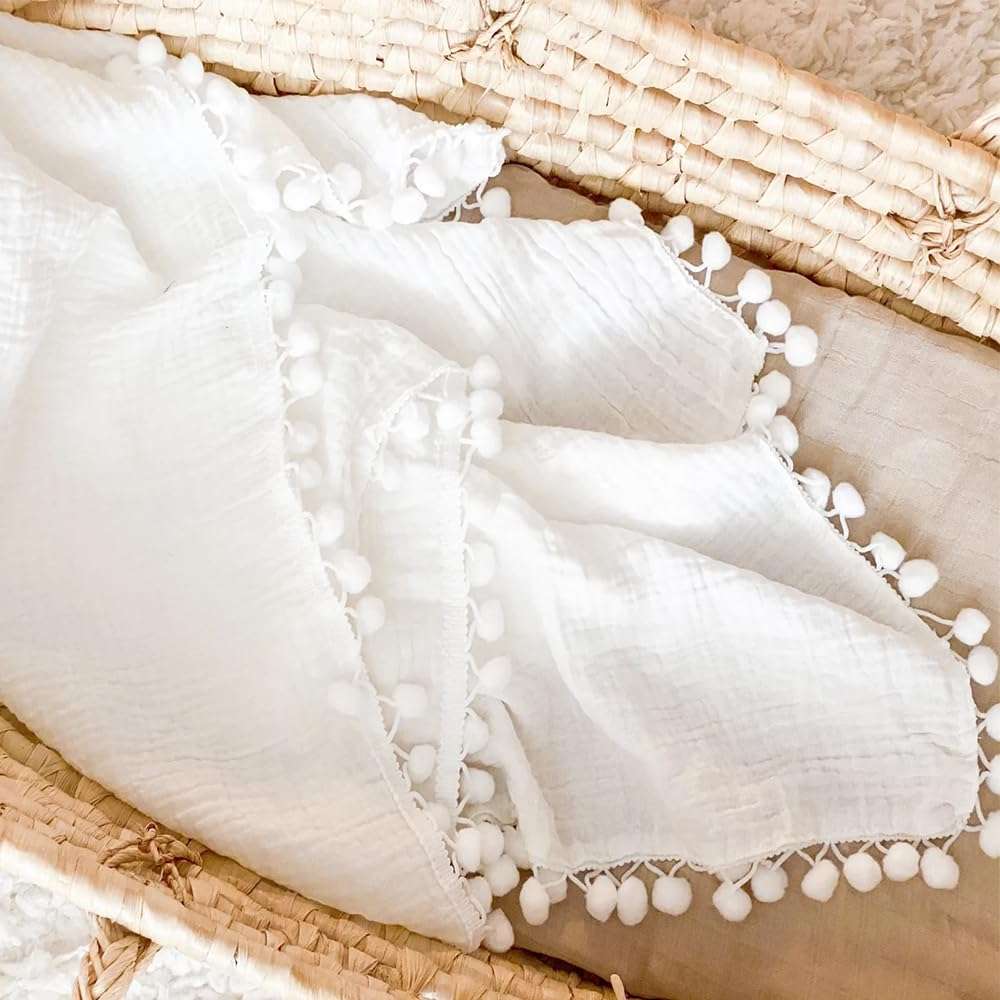 Bird Wing | White Swaddle Muslin Blanket with Pom Pom All Around,Newborn Baby Wrap, Cute Pom Pom Blanket for Infants. | Size : 100 X 120 CM (40x47 Inch) Pack of 1 5