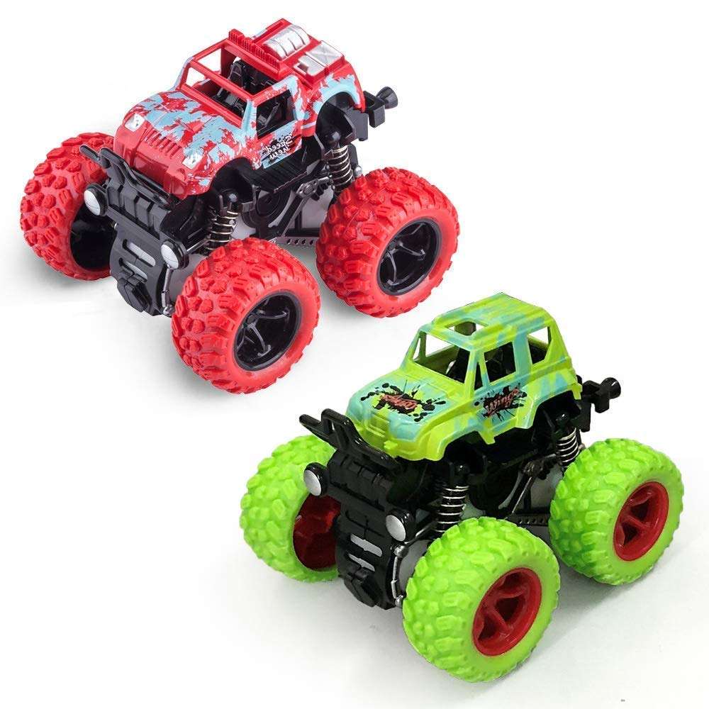 DK Stationary Powered Cars for Kids 4WD Mini Monster Trucks Big Rubber Tires Baby Boys Super Cars Blaze Truck Children Gift Toys Multi Color (Set of 2) 1