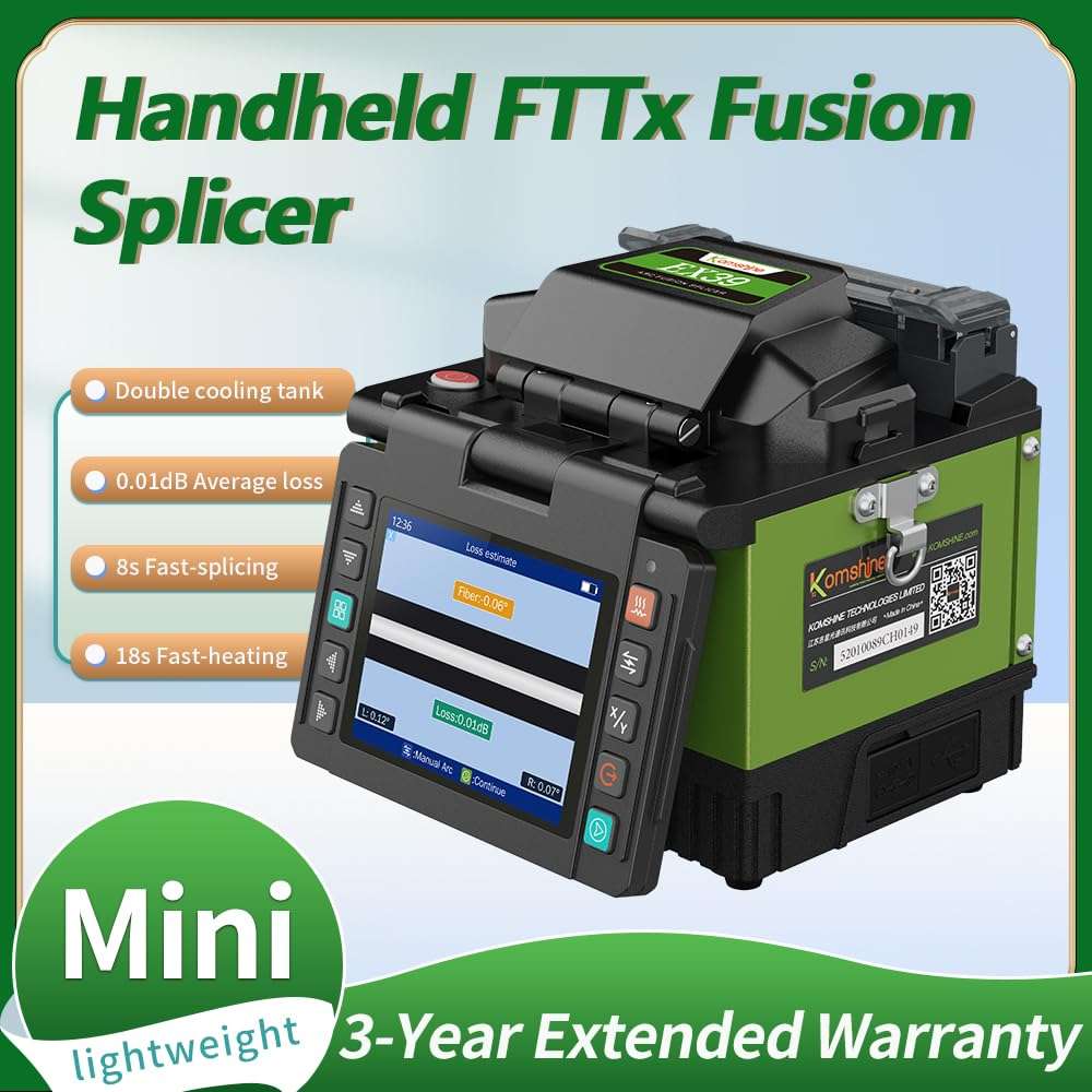 Komshine Optical Fusion Splicer EX39 FTTH Mini Fiber Fusion Splicer Machine Kit 8s Fast Splicing Fast-Heating 18s with Fiber Cleaver FC-20+ 1310/1550nm 32/30dB Singlemode OTDR Komshine QX55 Mini OTDR 4
