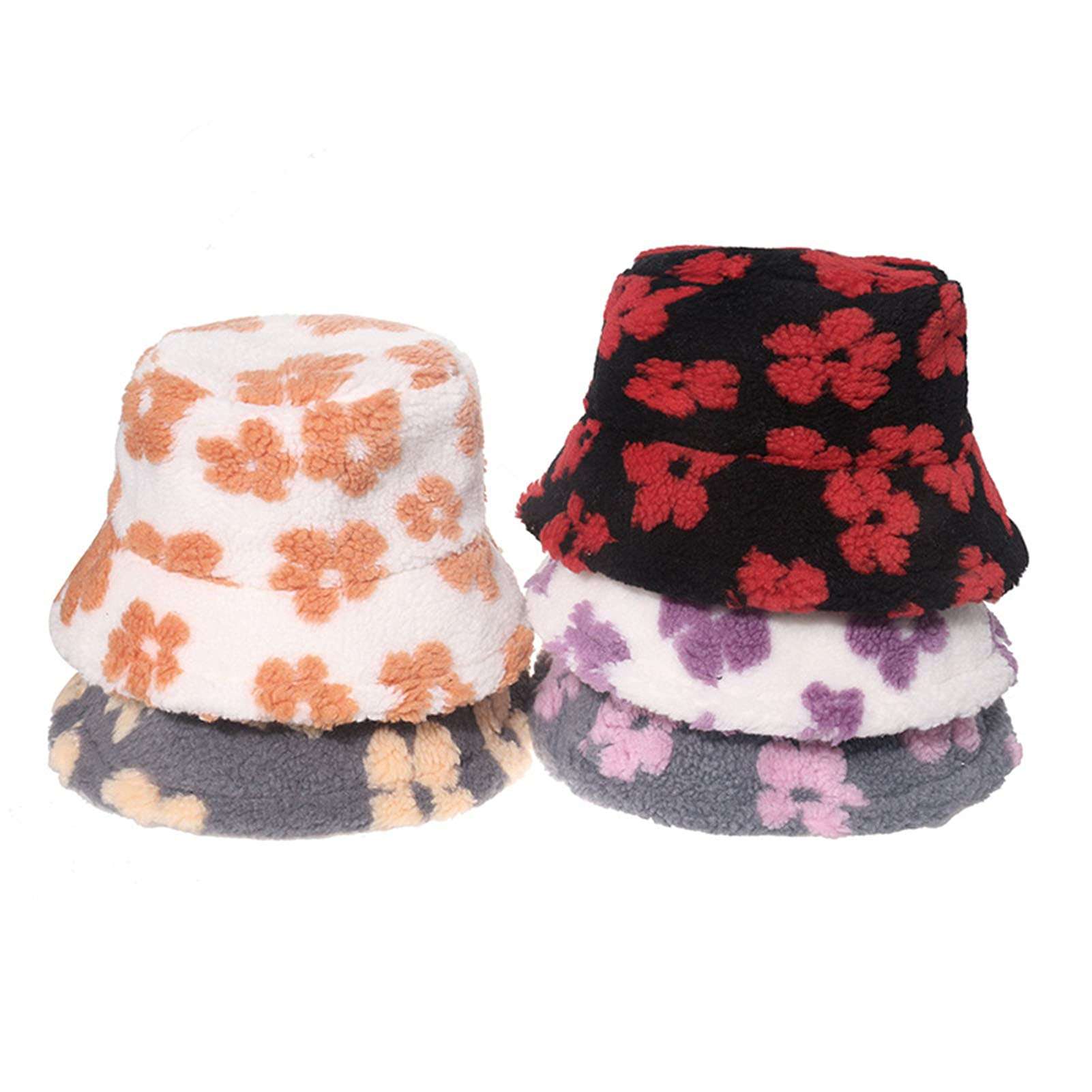 JELLYEA Winter Plush Bucket Hat Flower Pattern Casual Warm Faux Fur Fisherman Cap for Women (Red), One Size 6