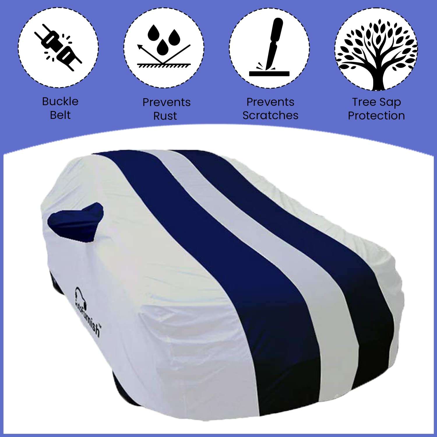 AutoFurnish ARC Blue Car Cover - Tata Indica | Water Resistant | Stripe Design | Triple-Stitched | Dust and Heat Protection | 190T Taffeta | Elastic Bottom| Heavy Buckle | Mirror Pockets | Stylish Car Accessories (Blue) 4
