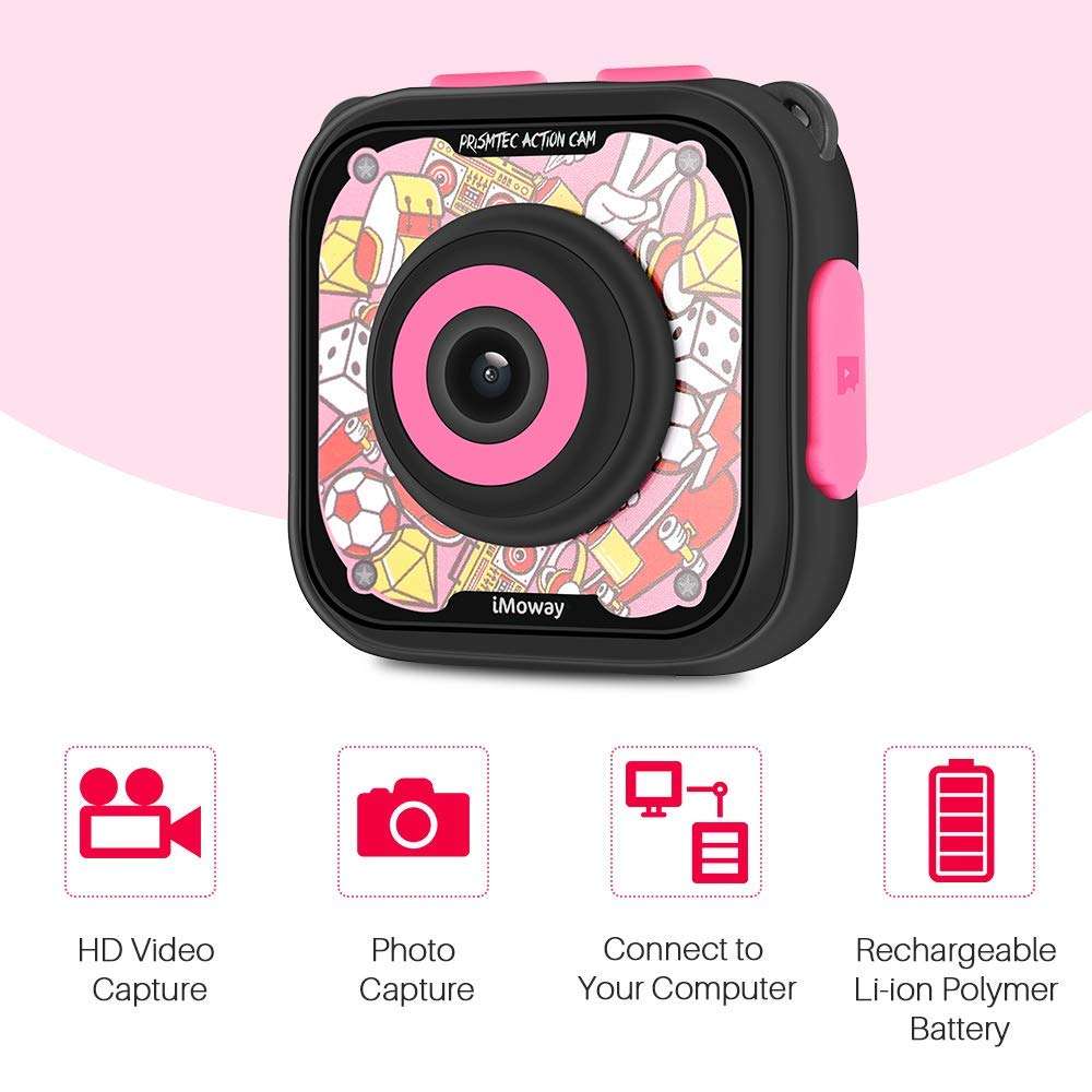 Kids Camera, iMoway Waterproof Video Cameras for Kids HD 1080P Kids Digital Cameras Camcorder with 16GB Memory Card, Card Reader and Floating Hand Grip (Pink) 3