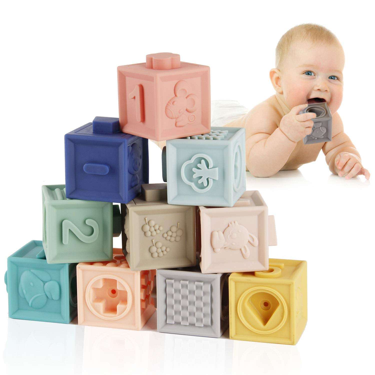 Mini Tudou Baby Blocks Soft Building Blocks Baby Toys Teethers Toy Educational Squeeze Play with Numbers Animals Shapes Textures 6 Months and Up 12PCS 1