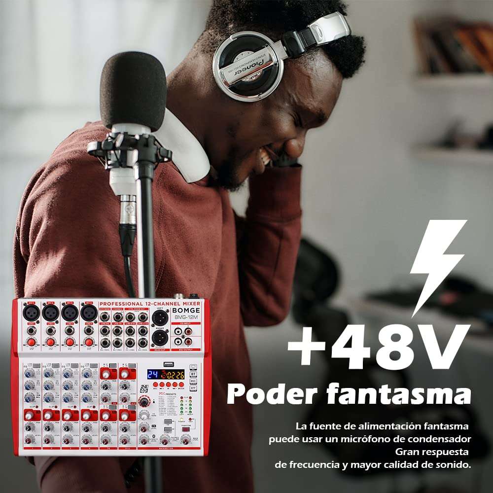 BOMGE 12-Input sound board Mixer with Mic Preamps and Compressors, 24DSP, bluetooth,48V Power,British EQ and USB/Audio Interface fro recording, karaoke and podcast. (12M-12 Channel) 4