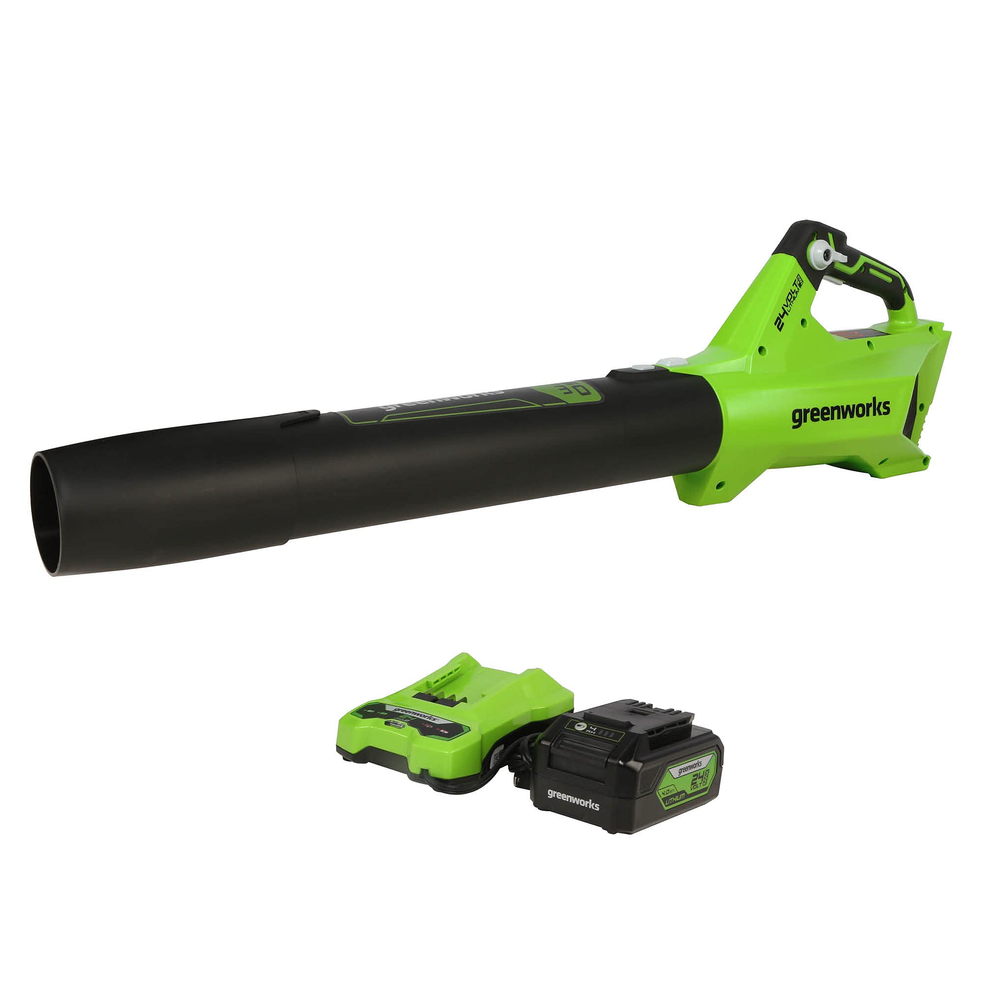 Greenworks 24V (110 MPH / 450 CFM / 125+ Compatible Tools) Cordless Brushless Axial Leaf Blower, 4.0Ah Battery and Charger Included 1