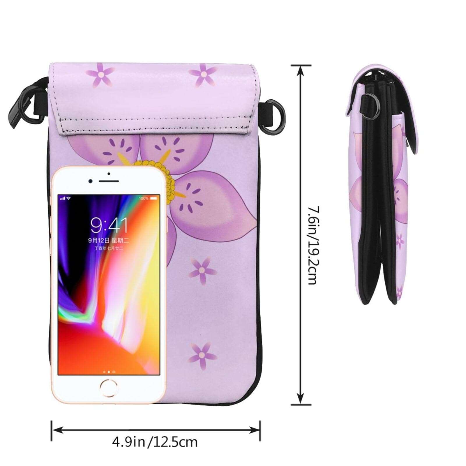 women Small Cell Phone Purse Five-petaled purple flowers picture Soft, durable and waterproof PU leather Convenient for daily use and travel 4