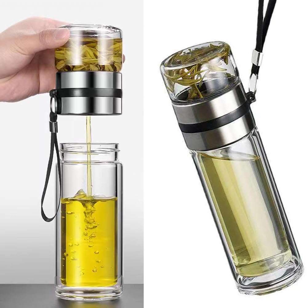 PUPOPIK 14oz Double Wall Glass Water Bottle Tea and Portable Travel Water Separation Tea Bottle Mug Cup with Tea Infuser,Clear Filtrating Tea Maker for Loose Leaf Tea (Sliver-450ml) 5