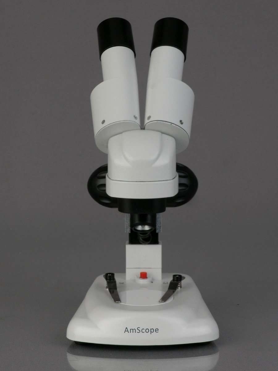 AmScope SE120 Portable Binocular Stereo Microscope, WF10x Eyepieces, 20X Magnification, 2X Objective, LED Lighting, Reversible Black/White Stage Plate, Track-Controlled Table Stand, Battery Powered 3