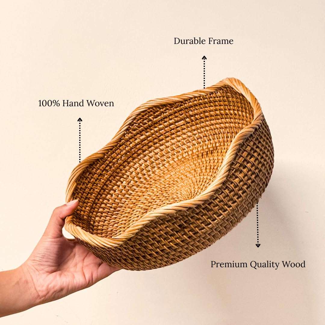 EDAMAME Hand‑Woven Rattan Bread & Fruit Basket – Medium Wicker Serving Tray for Tabletop Decor | Boho Kitchen Storage Bowl (Brown) 4