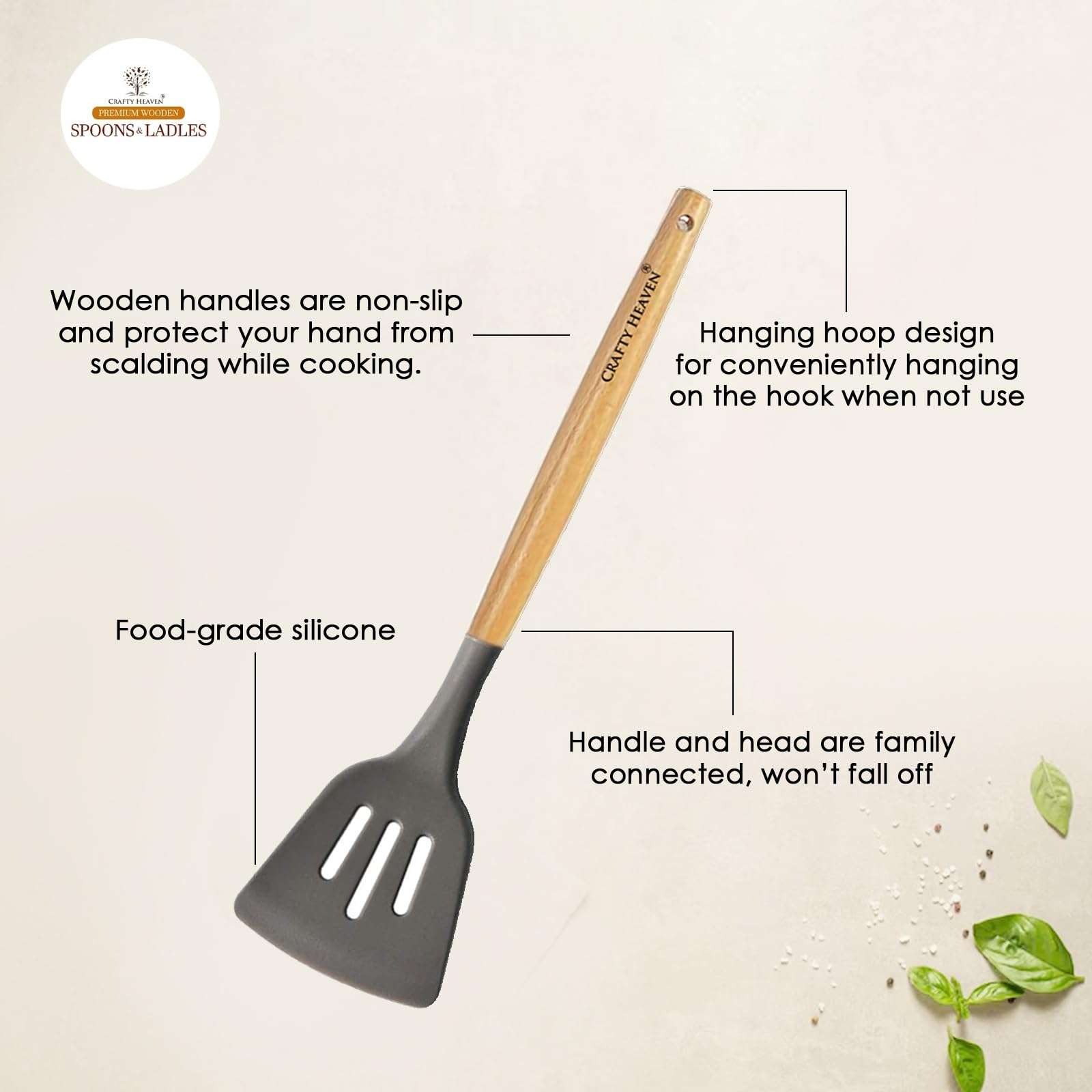 Crafty Heaven Wooden Handle Silicone Spatula Set for Kitchen BPA Free Non-Stick Non Toxic Cooking High Heat Resistant Ladles Turner Serving Cooking Spoon Set of 3 (Gray) 5