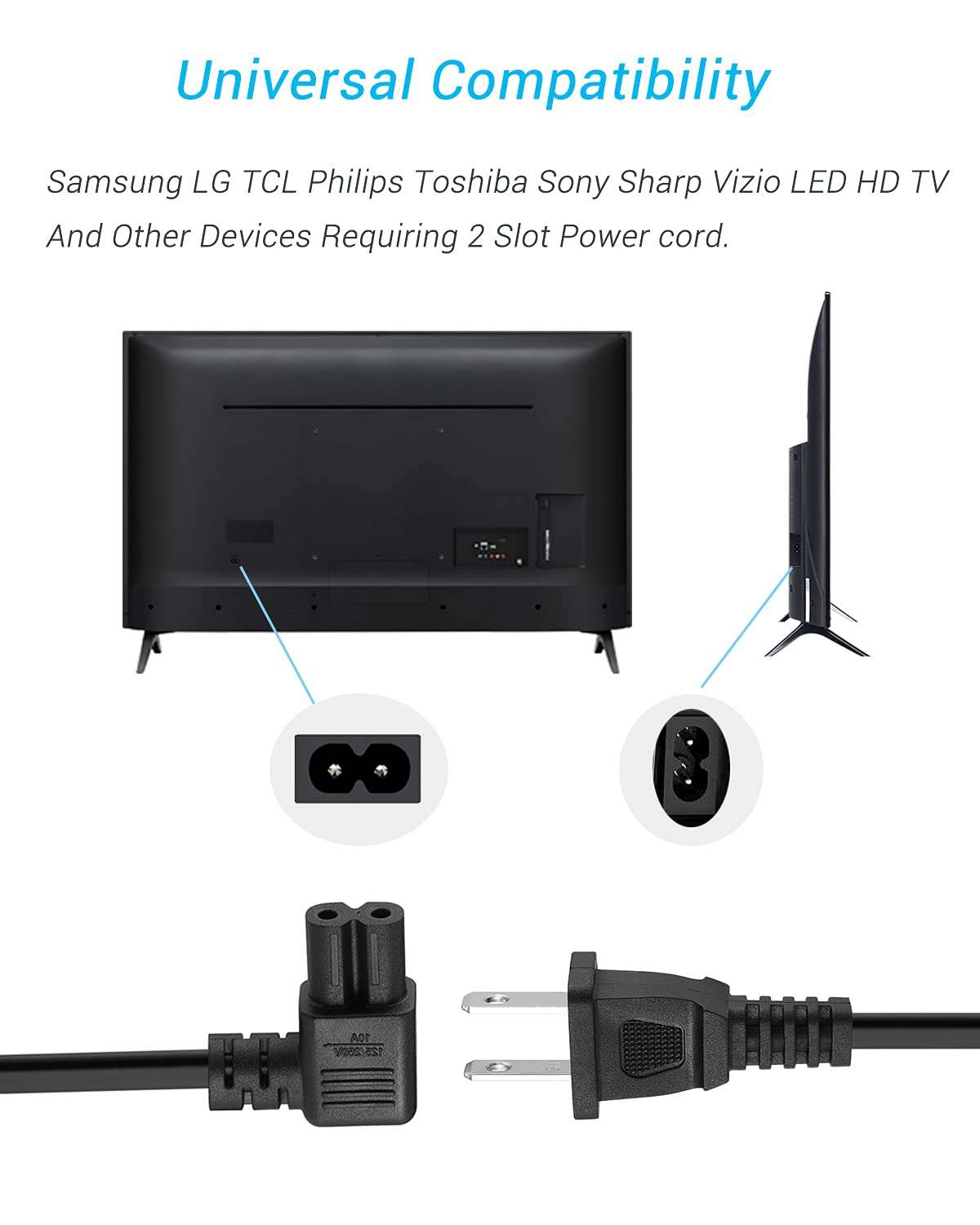 TV Power Cord Fit for Samsung LG Philips Toshiba Sony Sharp Panasonic Vizio LED HD TV, 2 Prong 90 Degree Angled 2