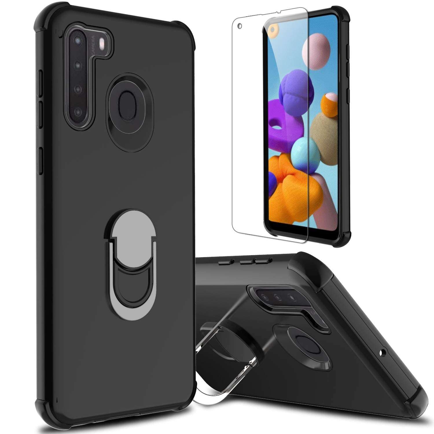 lovpec Compatible with Galaxy A21 Case with Screen Protector, Ring Holder Kickstand Shockproof Protective Phone Cover Case for Samsung Galaxy A21 (Black) 1