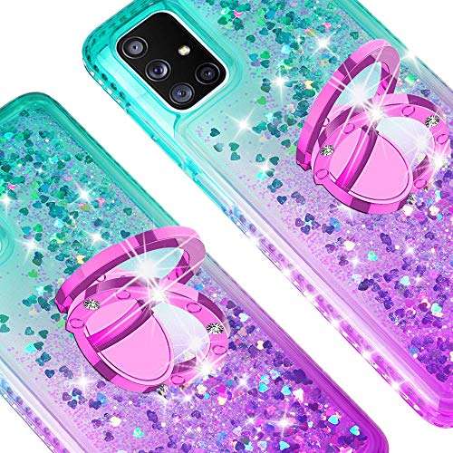 SOGA Rhinestone Liquid Quicksand Cover Cute Girl Phone Case Compatible for Samsung Galaxy A51 Case with Embedded Ring for Magnetic Car Mounts and Lanyard - Purple/Teal 4