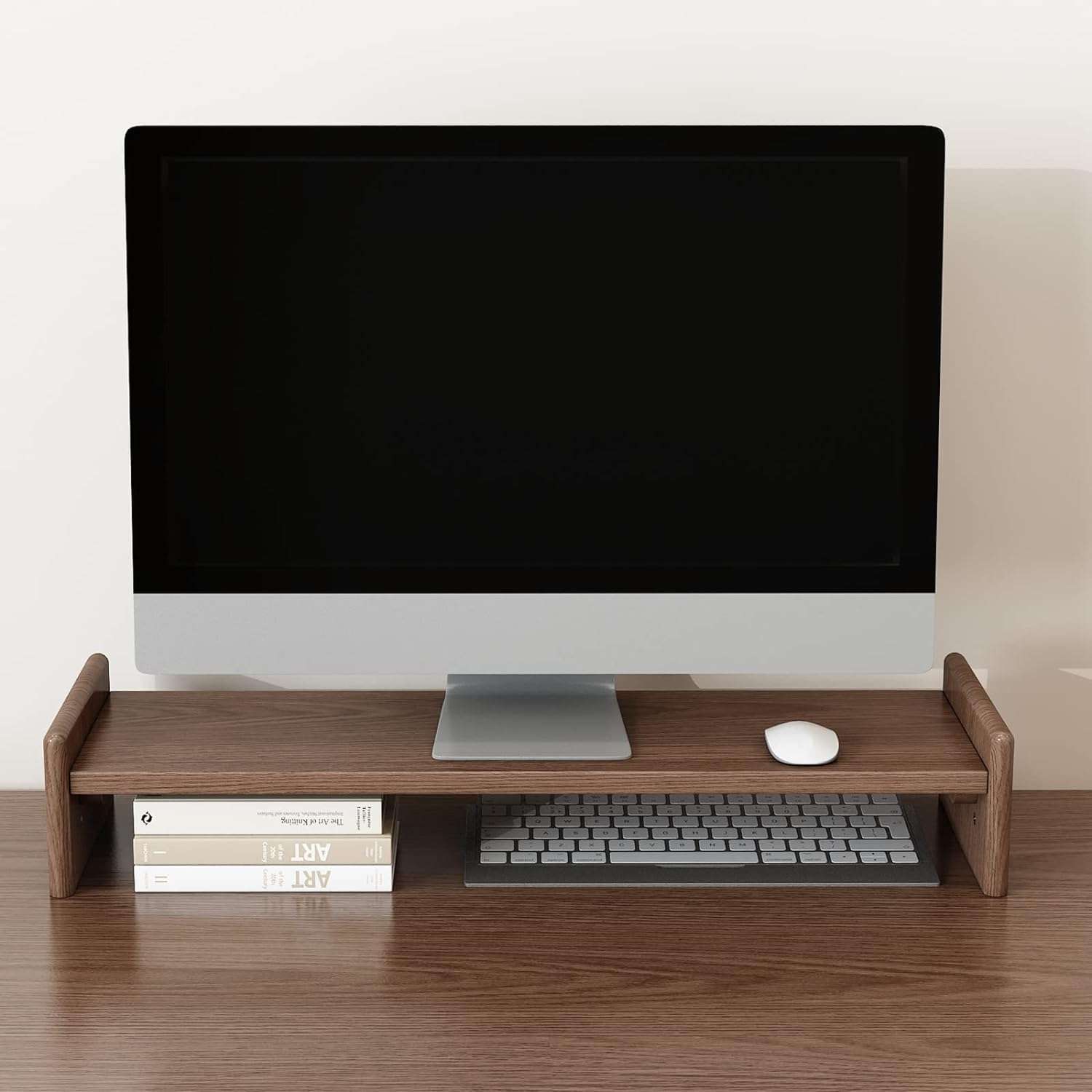 carpentray Wooden Computer Long Monitor Stand, Monitor Riser Desk Shelf Desktop Legs Stand TV Laptop Riser with Keyboard Storage Desk (63cm) 3