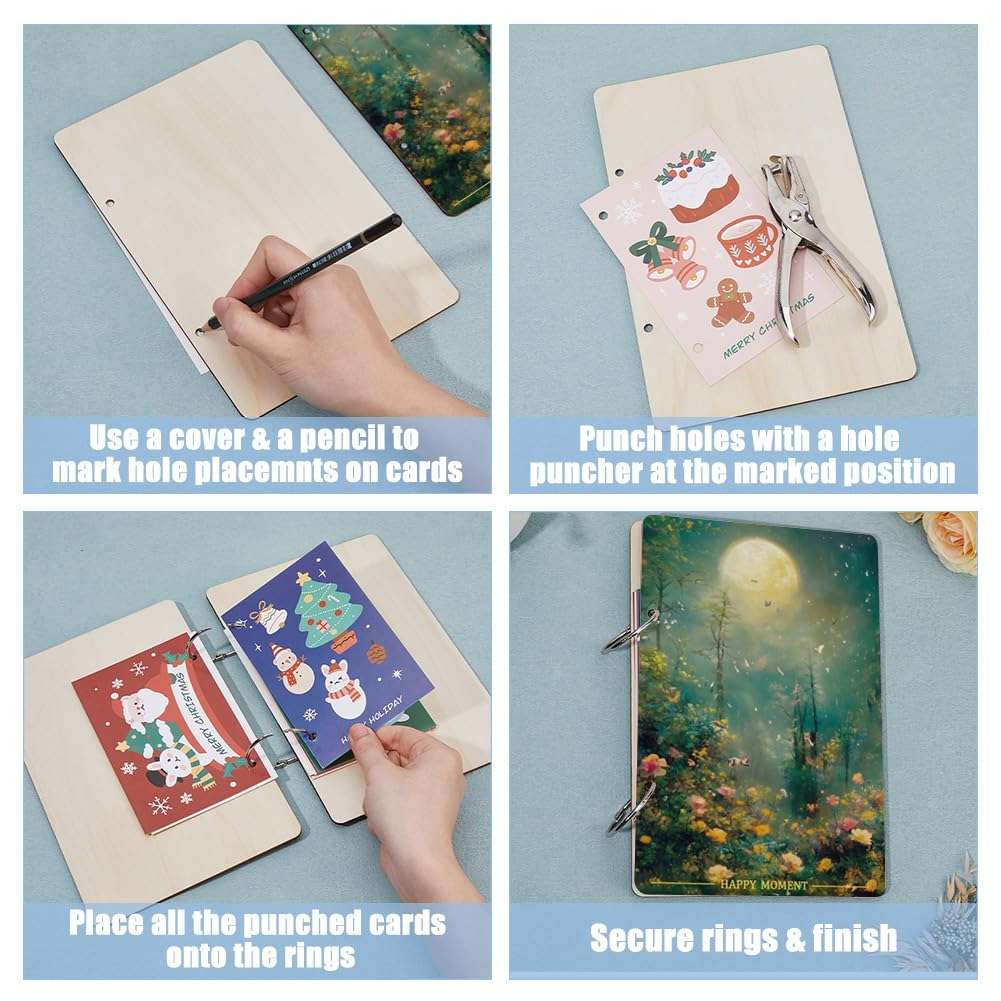 SUPERDANT Happy Moment Greeting Card Organizer Planning Book Binder Card Keeper Moonlight Jungle Birthday Cards Holder Wooden Keeper Binder Photo Album 2-Rings Cover Keepsake Holiday Wedding Gifts 5