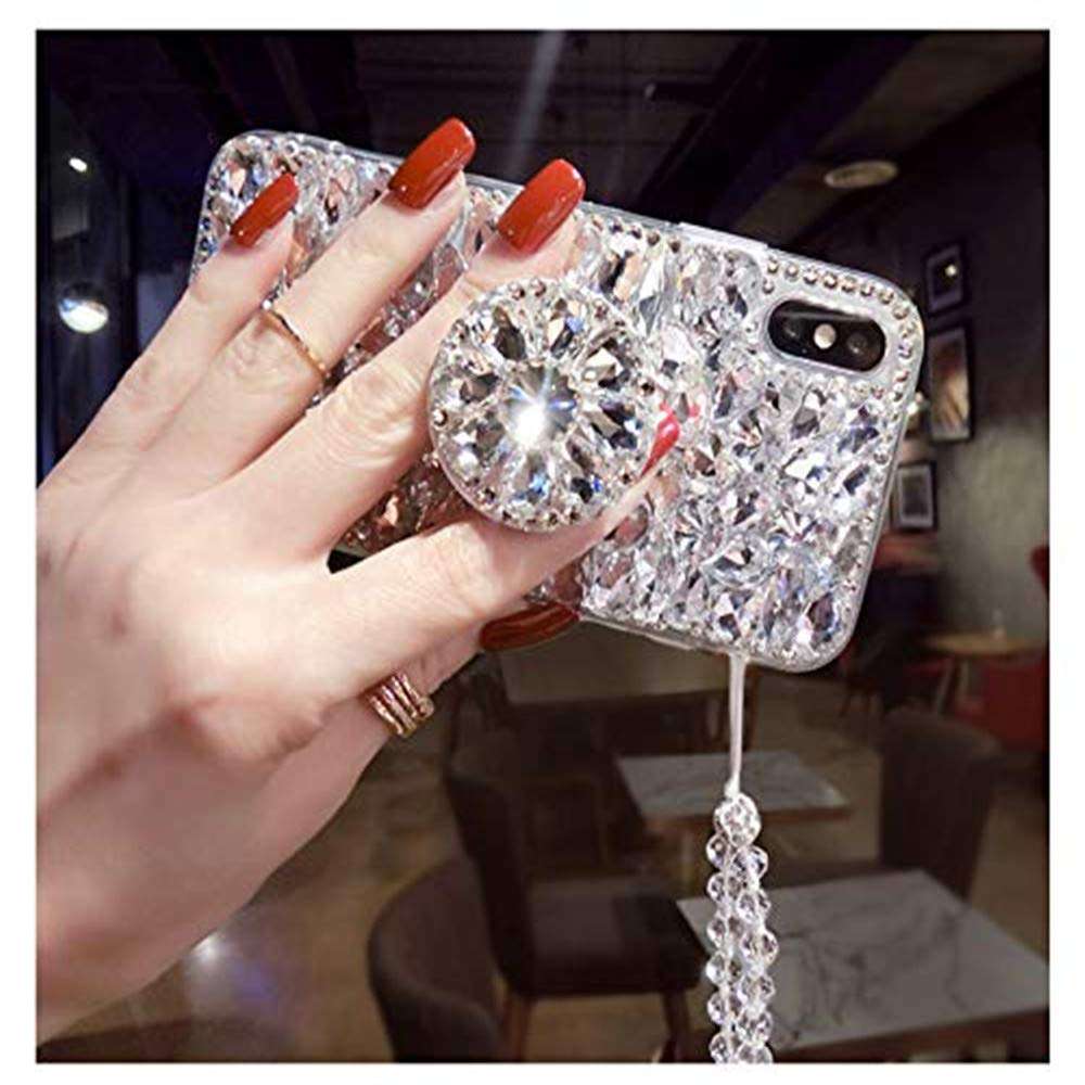 Diamond Kickstand Case for OnePlus 7 Pro,3D Handmade Luxury Sparkle Stunning Stones with Crystal Strap Bling Diamond Glitter Case for OnePlus 7 Pro(White) 2