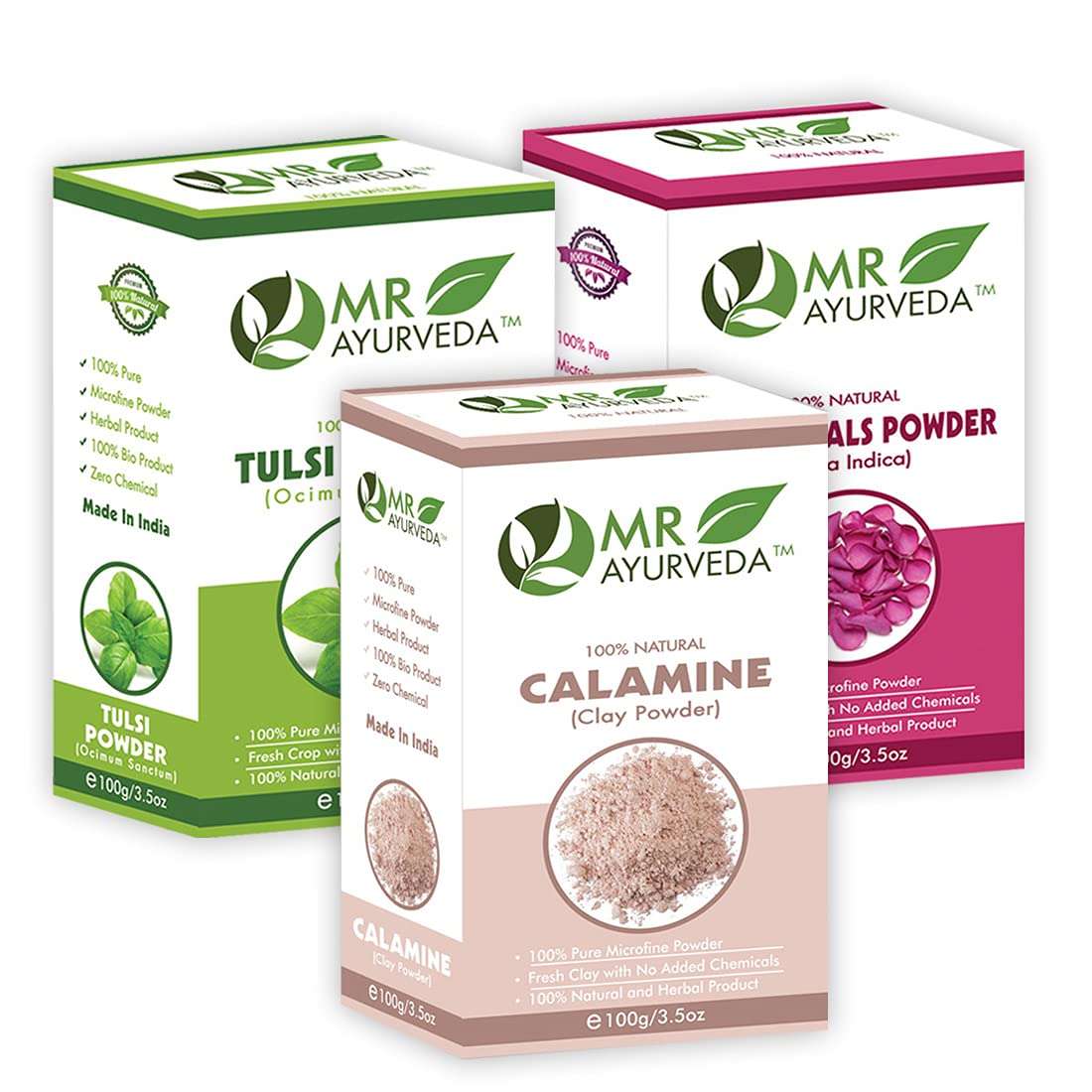 MR Ayurveda Calamine Clay Powder, Tulsi Powder & Rose Petals Powder - Set of 3 (100 Grams Each) 1